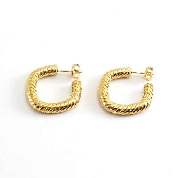 Gold Textured Square Hoop Earrings*Waterproof and Sweatproof - Picture 2 of 4